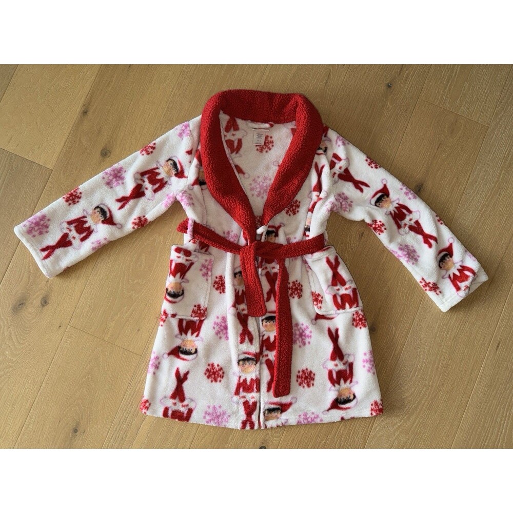 ELF on the SHELF Christmas Robe Girl's Soft Plush White/Red Bath Robe Bathrobe